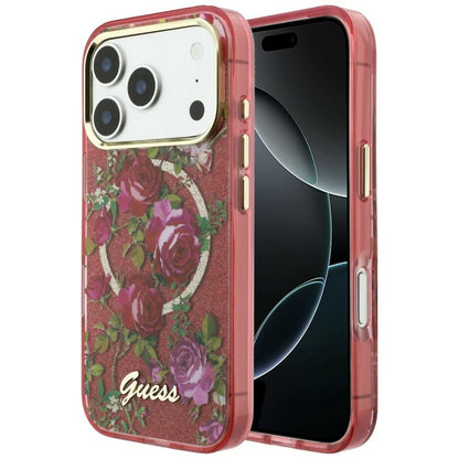 Funda MagSafe para Apple iPhone 18 Pro Max / 17 Pro Max, Guess, IML Glitter Blossom Roses, Burdeos