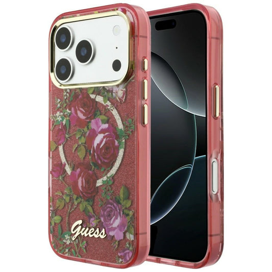 Funda MagSafe para Apple iPhone 18 Pro Max / 17 Pro Max, Guess, IML Glitter Blossom Roses, Burdeos