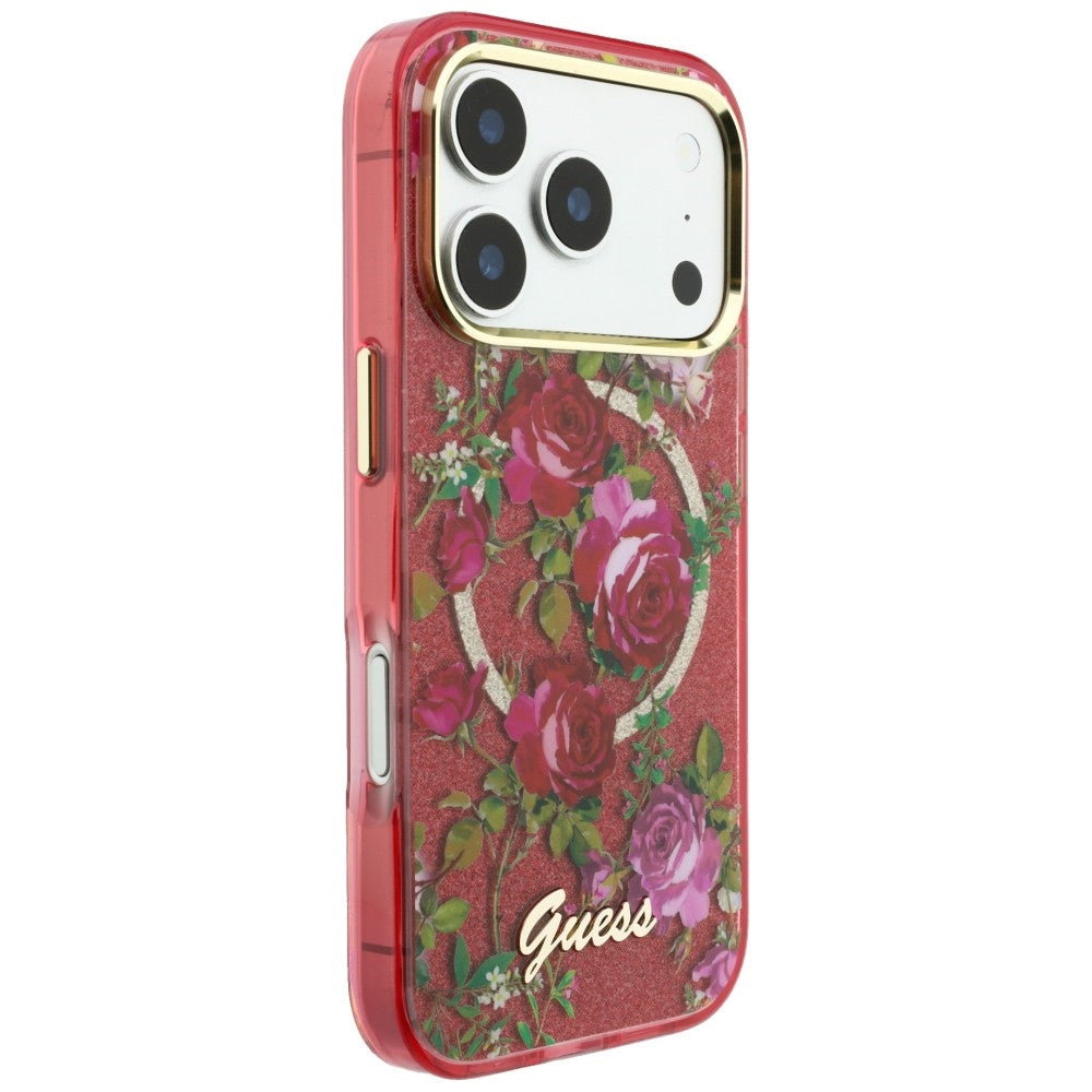 Funda MagSafe para Apple iPhone 18 Pro Max / 17 Pro Max, Guess, IML Glitter Blossom Roses, Burdeos