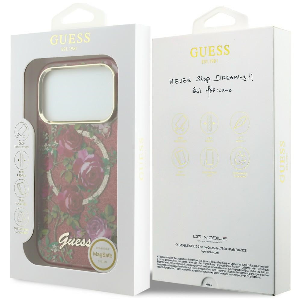 Funda MagSafe para Apple iPhone 18 Pro Max / 17 Pro Max, Guess, IML Glitter Blossom Roses, Burdeos