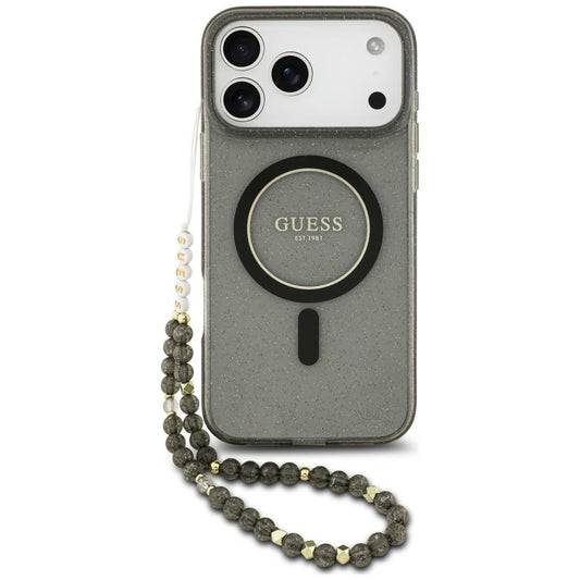 Funda MagSafe para Apple iPhone 18 Pro Max / 17 Pro Max, Guess, IML Glitter with Pearl Strap, negra
