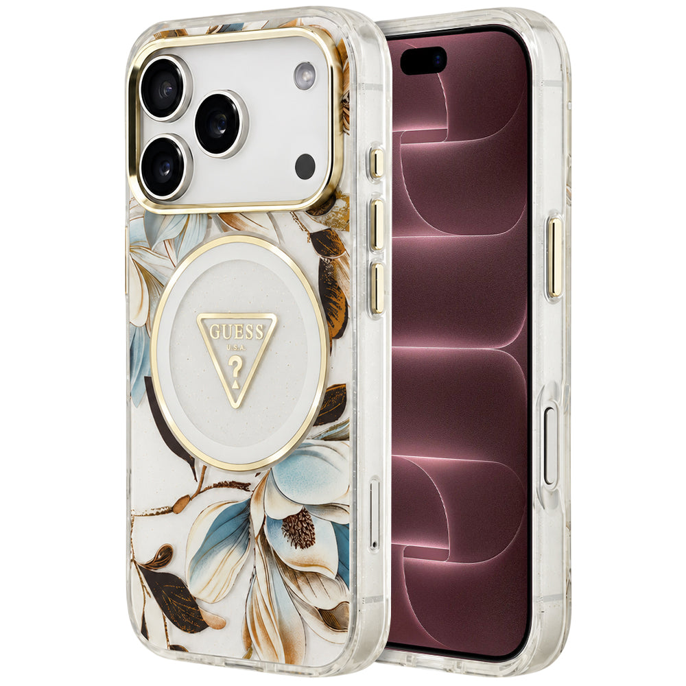 Funda MagSafe para Apple iPhone 18 Pro Max / 17 Pro Max, Guess, IML Metal Glitter Flowers Triangle, Blanca