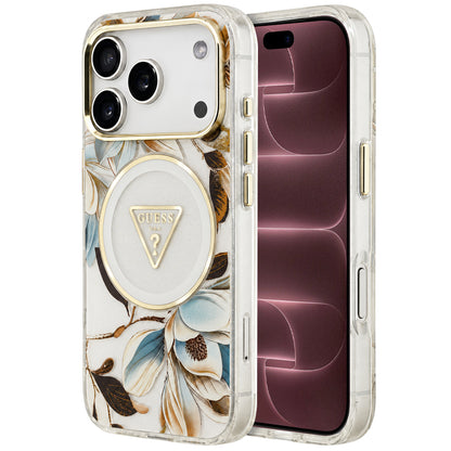 Funda MagSafe para Apple iPhone 18 Pro Max / 17 Pro Max, Guess, IML Metal Glitter Flowers Triangle, Blanca