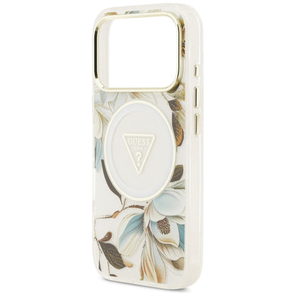 Funda MagSafe para Apple iPhone 18 Pro Max / 17 Pro Max, Guess, IML Metal Glitter Flowers Triangle, Blanca
