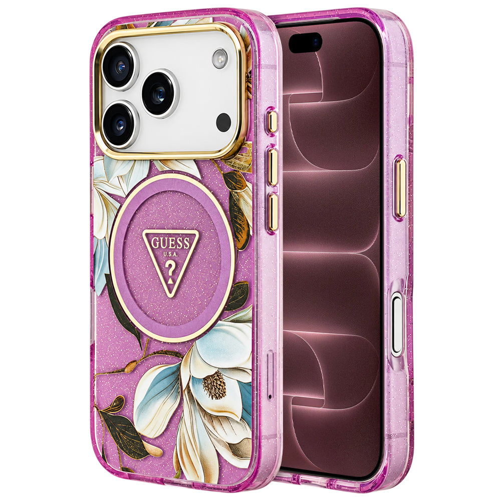 Funda MagSafe para Apple iPhone 18 Pro Max / 17 Pro Max, Guess, IML Metal Glitter Flowers Triangle, Morado