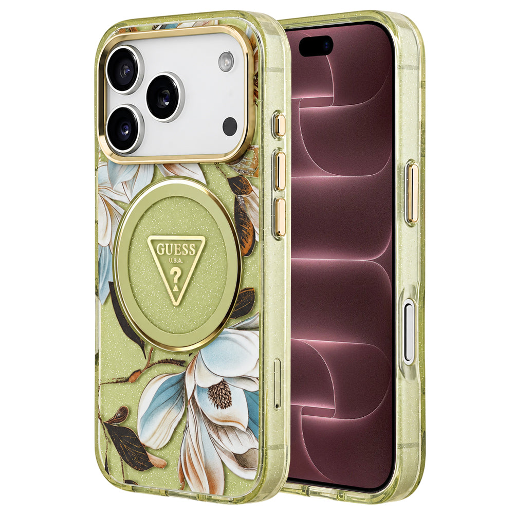 Funda MagSafe para Apple iPhone 18 Pro Max / 17 Pro Max, Guess, IML Metal Glitter Flowers Triangle, Verde