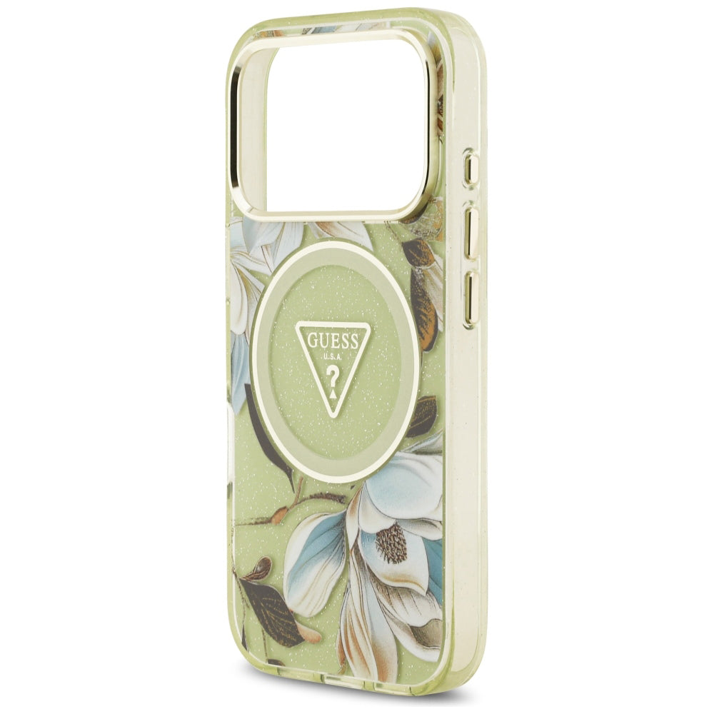 Funda MagSafe para Apple iPhone 18 Pro Max / 17 Pro Max, Guess, IML Metal Glitter Flowers Triangle, Verde
