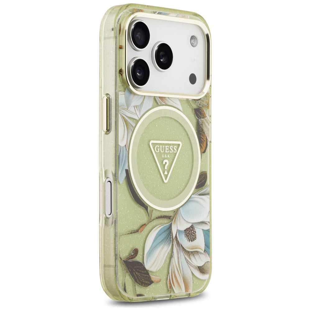 Funda MagSafe para Apple iPhone 18 Pro Max / 17 Pro Max, Guess, IML Metal Glitter Flowers Triangle, Verde