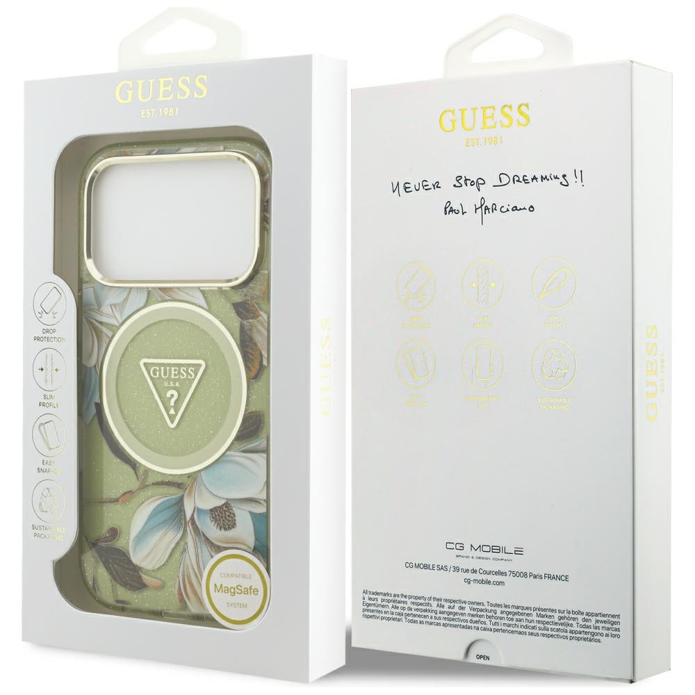 Funda MagSafe para Apple iPhone 18 Pro Max / 17 Pro Max, Guess, IML Metal Glitter Flowers Triangle, Verde