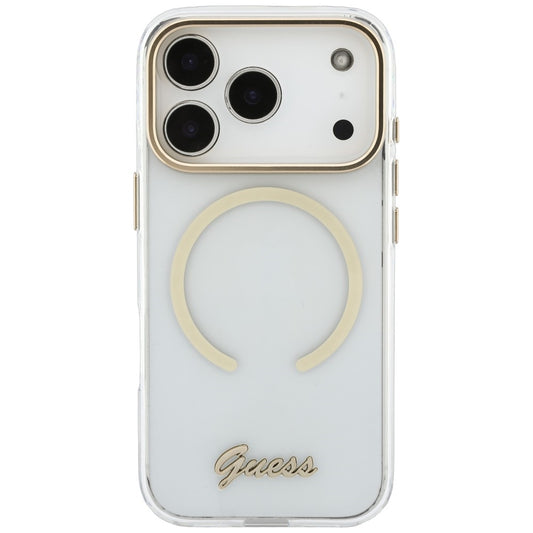 Funda MagSafe para Apple iPhone 18 Pro Max / 17 Pro Max, Guess, IML Script Metal, transparente