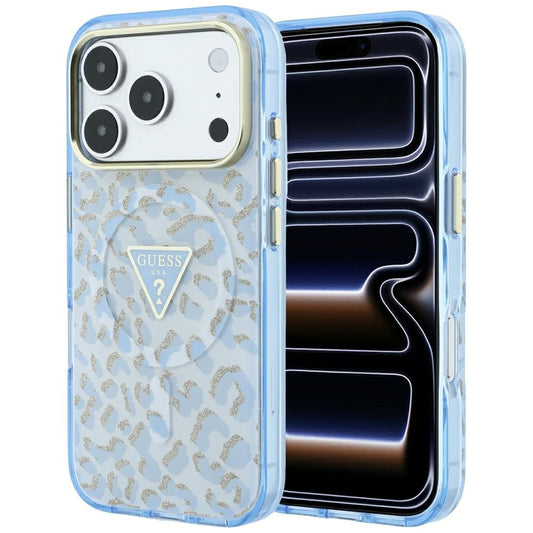 MagSafe Case for Apple iPhone 18 Pro Max / 17 Pro Max, Guess, Leopard Glitter Triangle Logo, Blue