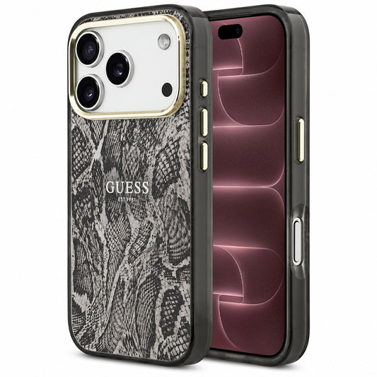 Funda MagSafe para Apple iPhone 18 Pro Max / 17 Pro Max, Guess, estampado de pitón, negra