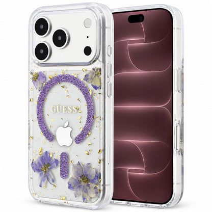 Funda MagSafe para Apple iPhone 18 Pro Max / 17 Pro Max, Guess, Flores de Resina y Brillantina, Morado