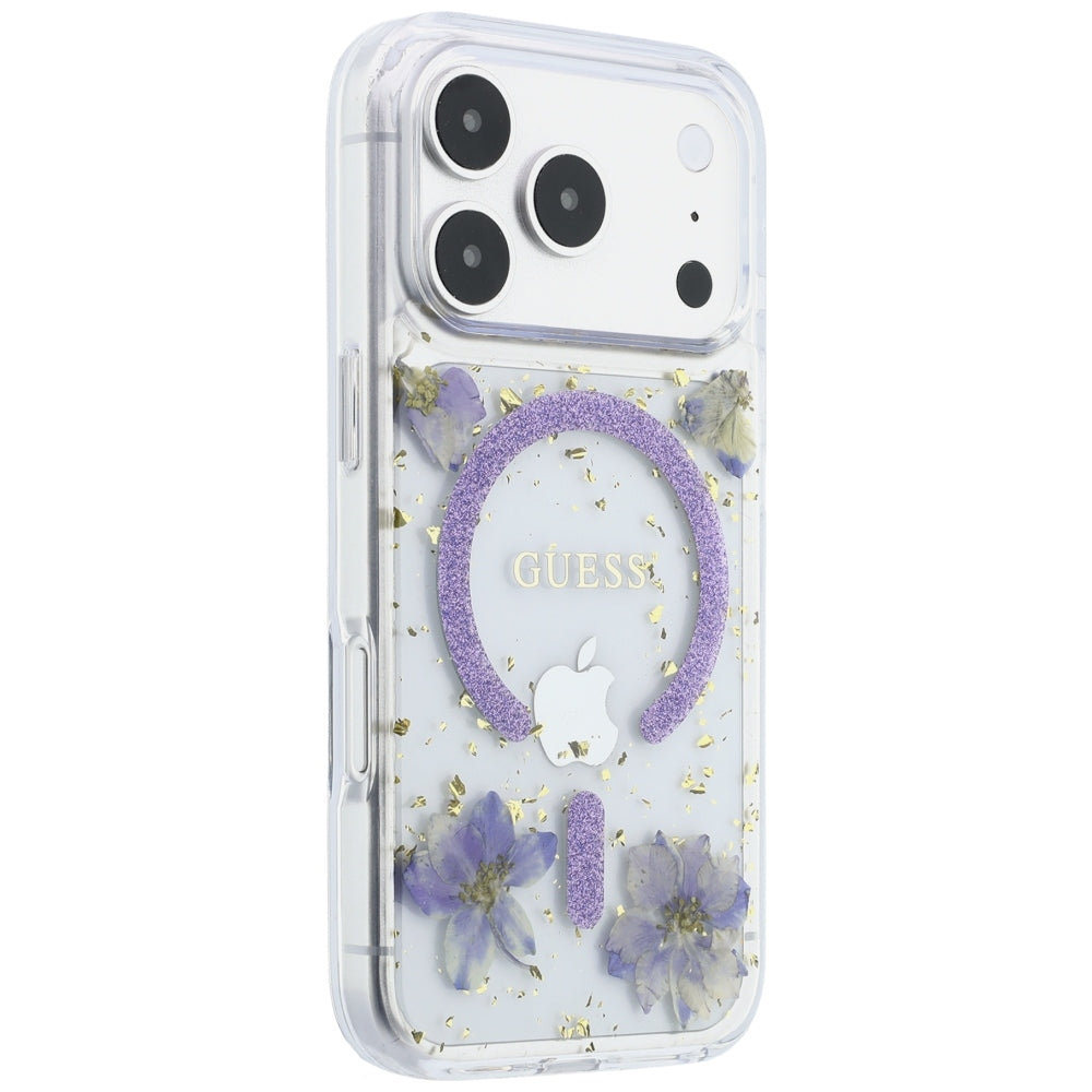Funda MagSafe para Apple iPhone 18 Pro Max / 17 Pro Max, Guess, Flores de Resina y Brillantina, Morado