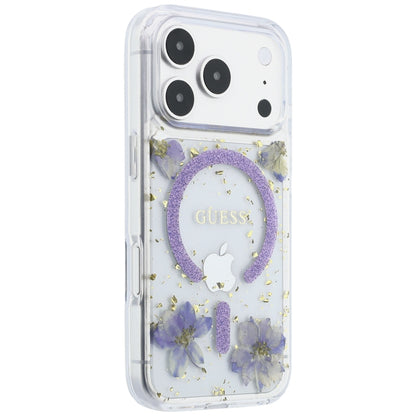 Funda MagSafe para Apple iPhone 18 Pro Max / 17 Pro Max, Guess, Flores de Resina y Brillantina, Morado