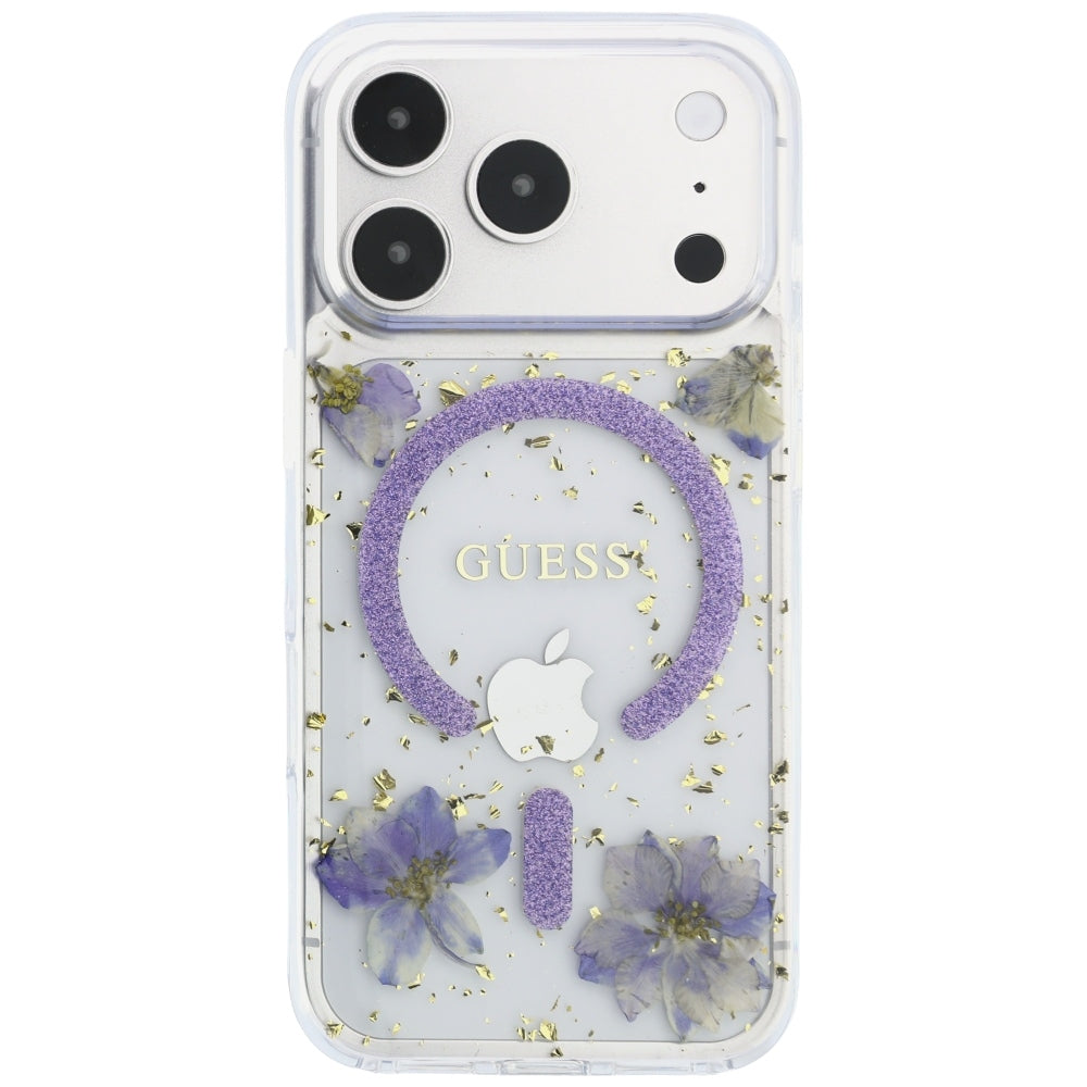 Funda MagSafe para Apple iPhone 18 Pro Max / 17 Pro Max, Guess, Flores de Resina y Brillantina, Morado