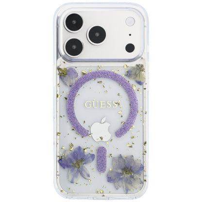 Funda MagSafe para Apple iPhone 18 Pro Max / 17 Pro Max, Guess, Flores de Resina y Brillantina, Morado