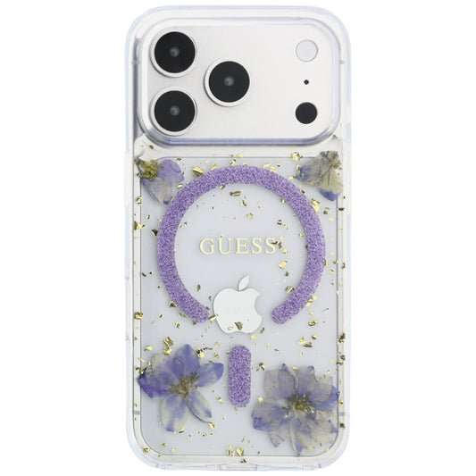Funda MagSafe para Apple iPhone 18 Pro Max / 17 Pro Max, Guess, Flores de Resina y Brillantina, Morado