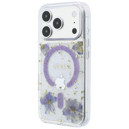 Funda MagSafe para Apple iPhone 18 Pro Max / 17 Pro Max, Guess, Flores de Resina y Brillantina, Morado
