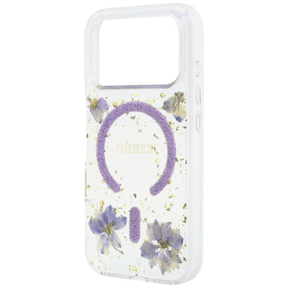 Funda MagSafe para Apple iPhone 18 Pro Max / 17 Pro Max, Guess, Flores de Resina y Brillantina, Morado