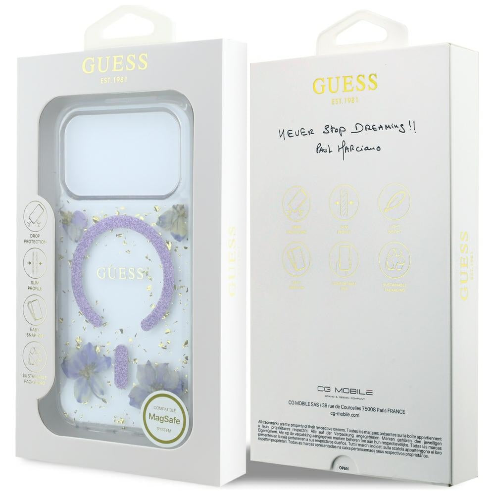 Funda MagSafe para Apple iPhone 18 Pro Max / 17 Pro Max, Guess, Flores de Resina y Brillantina, Morado