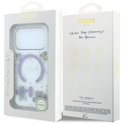 Funda MagSafe para Apple iPhone 18 Pro Max / 17 Pro Max, Guess, Flores de Resina y Brillantina, Morado
