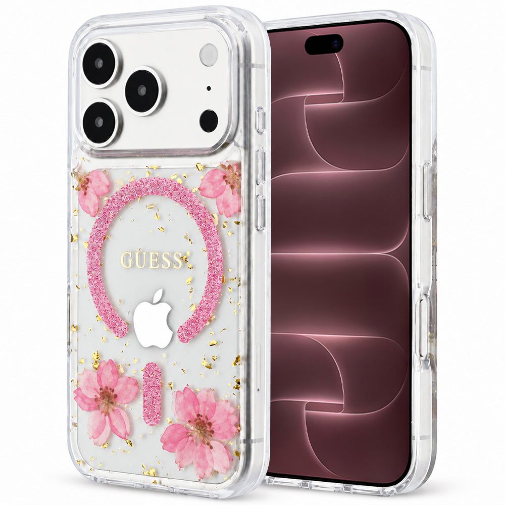 Funda MagSafe para Apple iPhone 18 Pro Max / 17 Pro Max, Guess, Resin Flowers and Glitter, rosa