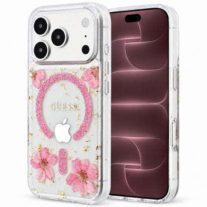 Funda MagSafe para Apple iPhone 18 Pro Max / 17 Pro Max, Guess, Resin Flowers and Glitter, rosa