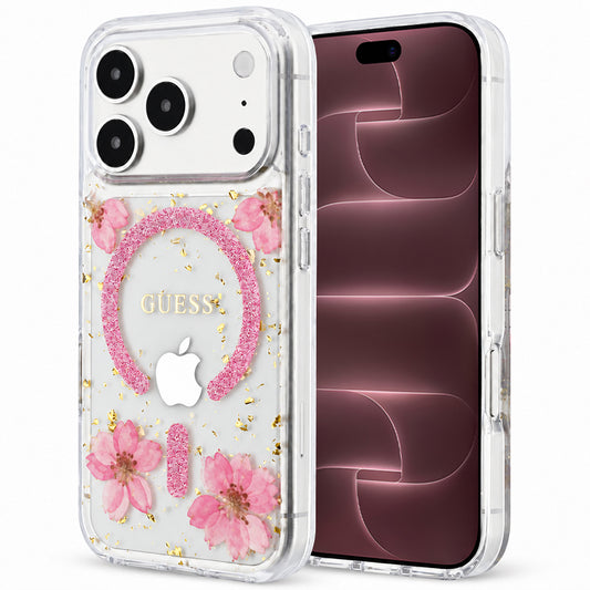Funda MagSafe para Apple iPhone 18 Pro Max / 17 Pro Max, Guess, Resin Flowers and Glitter, rosa