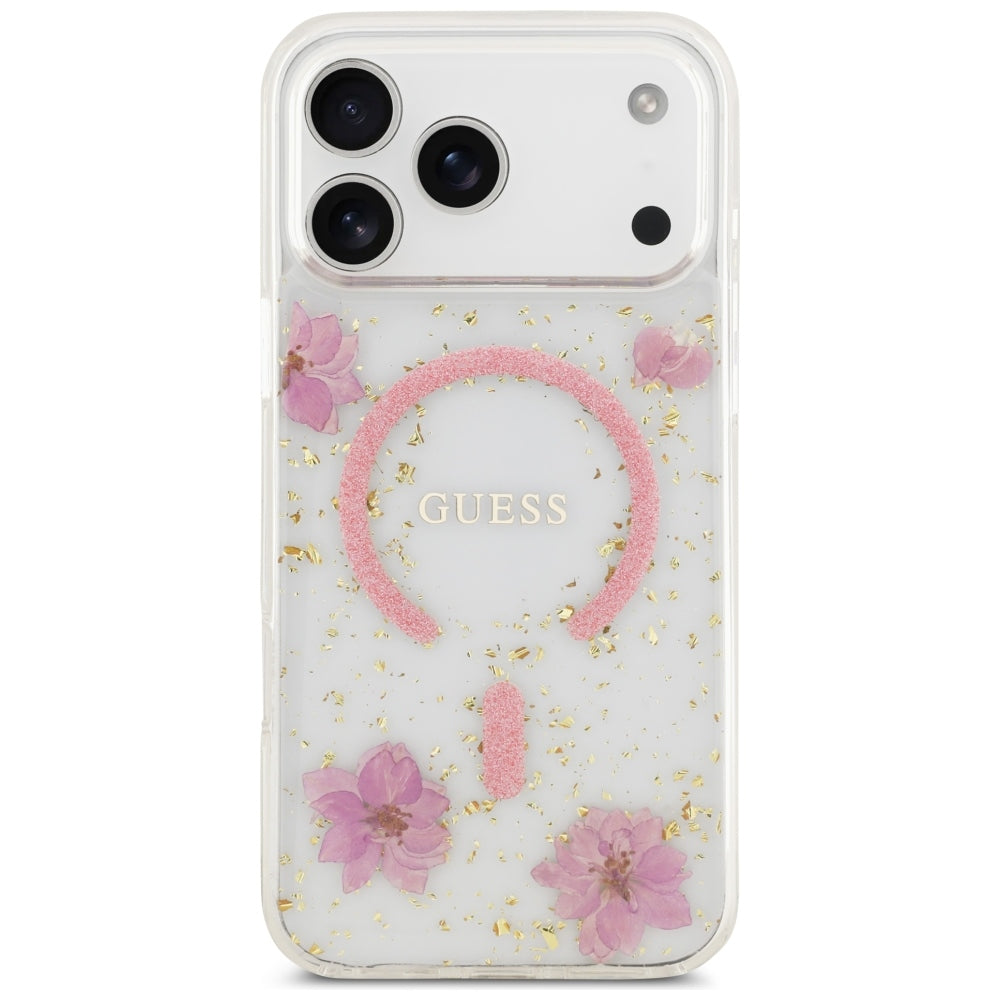 Funda MagSafe para Apple iPhone 18 Pro Max / 17 Pro Max, Guess, Resin Flowers and Glitter, rosa