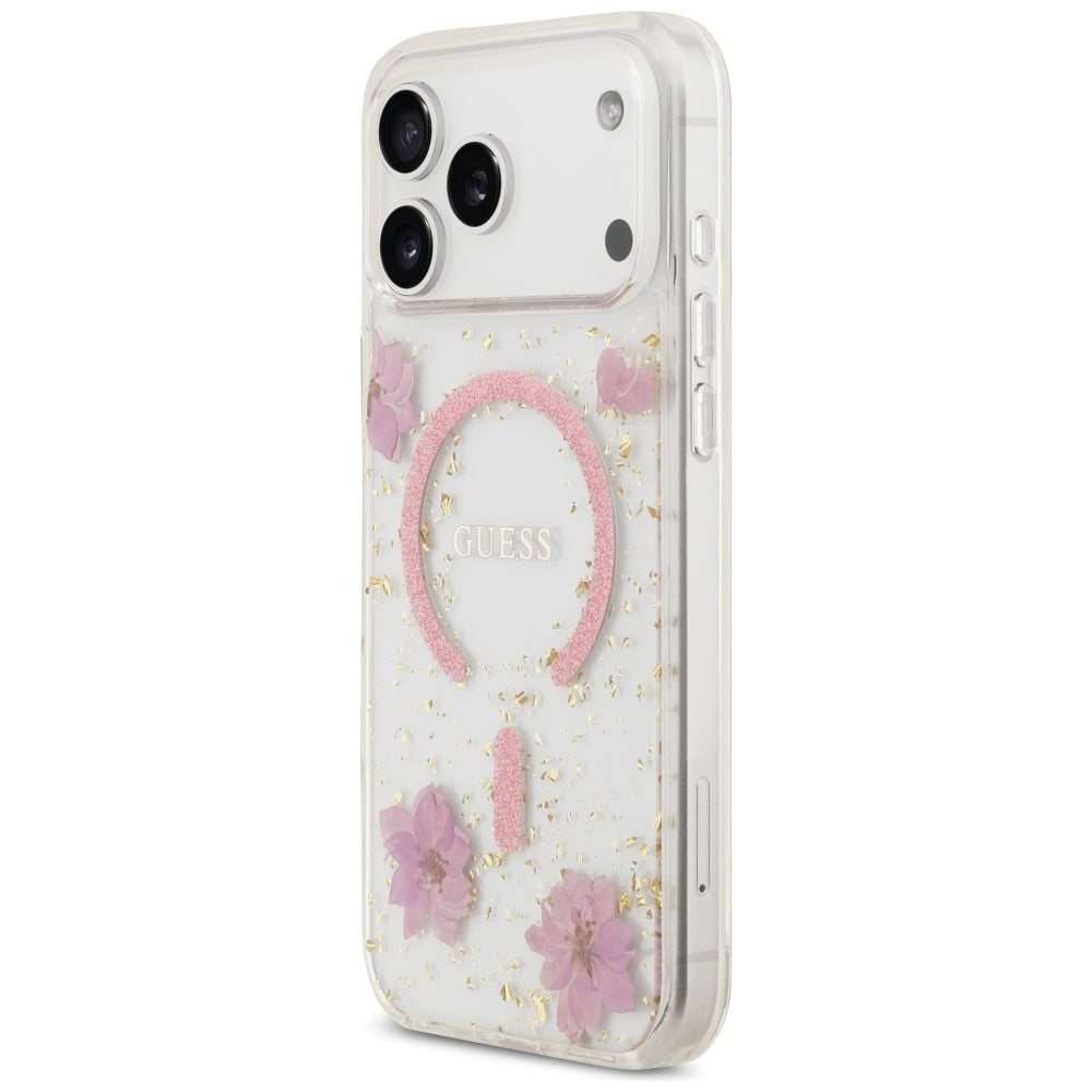 Funda MagSafe para Apple iPhone 18 Pro Max / 17 Pro Max, Guess, Resin Flowers and Glitter, rosa