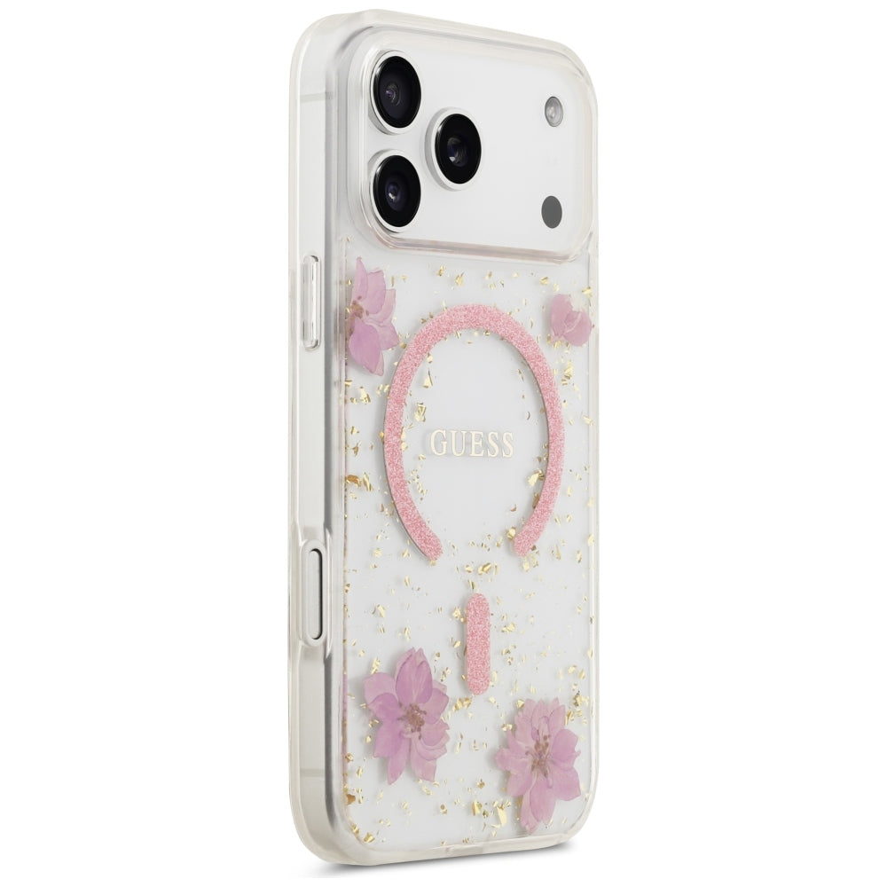 Funda MagSafe para Apple iPhone 18 Pro Max / 17 Pro Max, Guess, Resin Flowers and Glitter, rosa