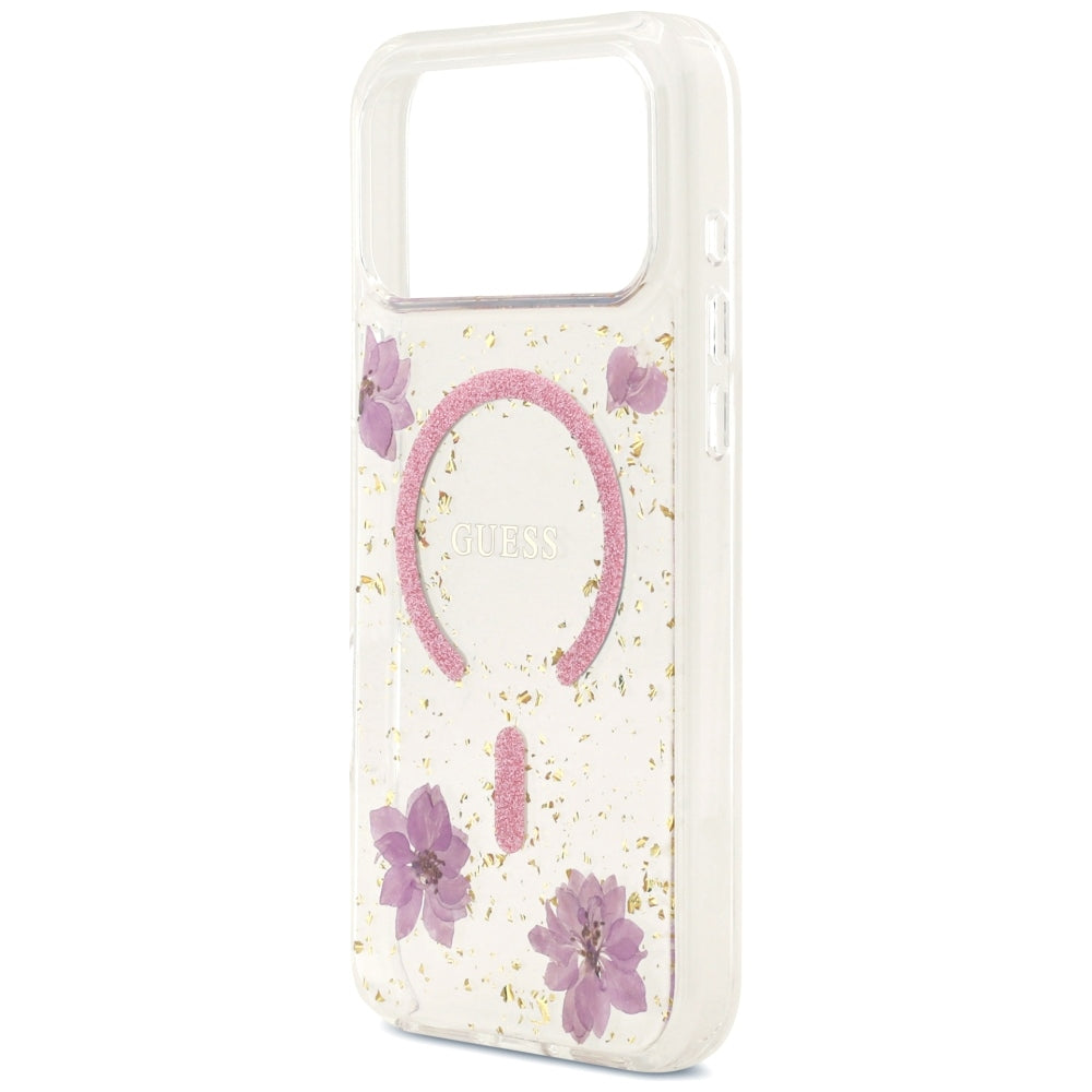 Funda MagSafe para Apple iPhone 18 Pro Max / 17 Pro Max, Guess, Resin Flowers and Glitter, rosa