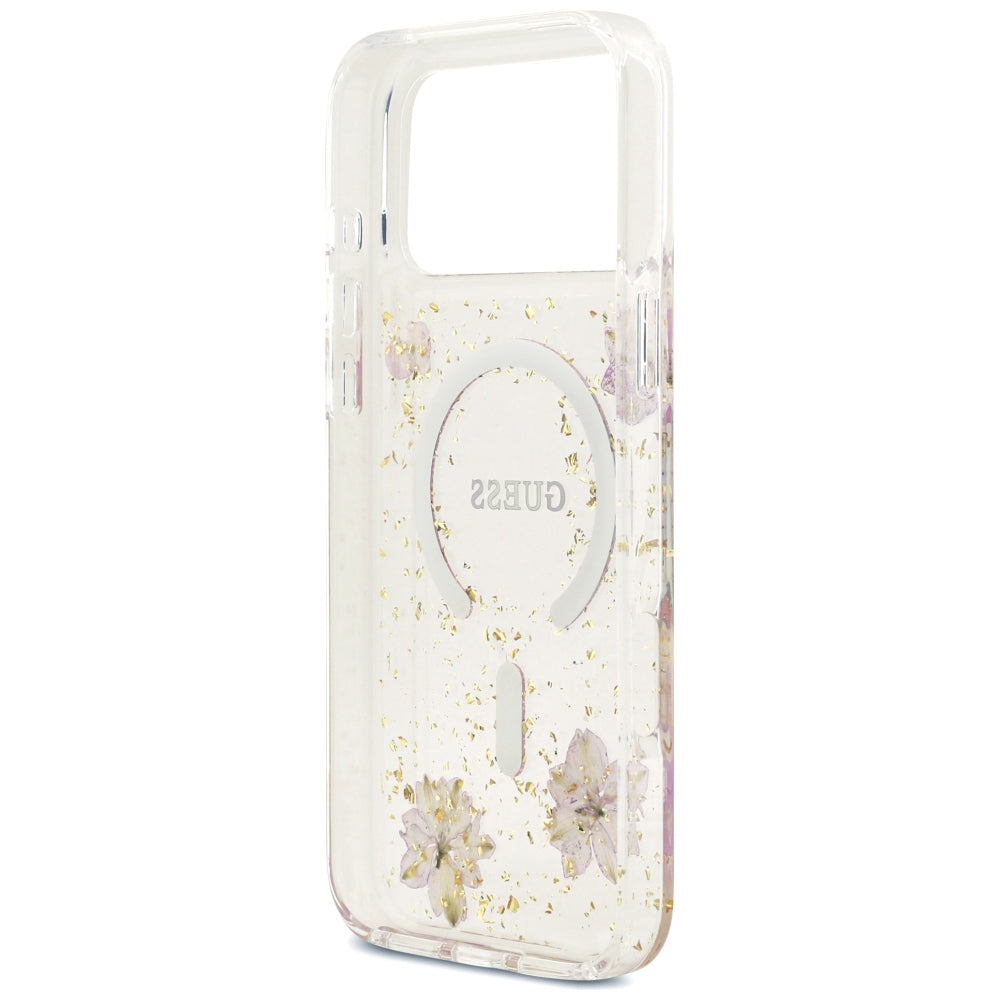 Funda MagSafe para Apple iPhone 18 Pro Max / 17 Pro Max, Guess, Resin Flowers and Glitter, rosa