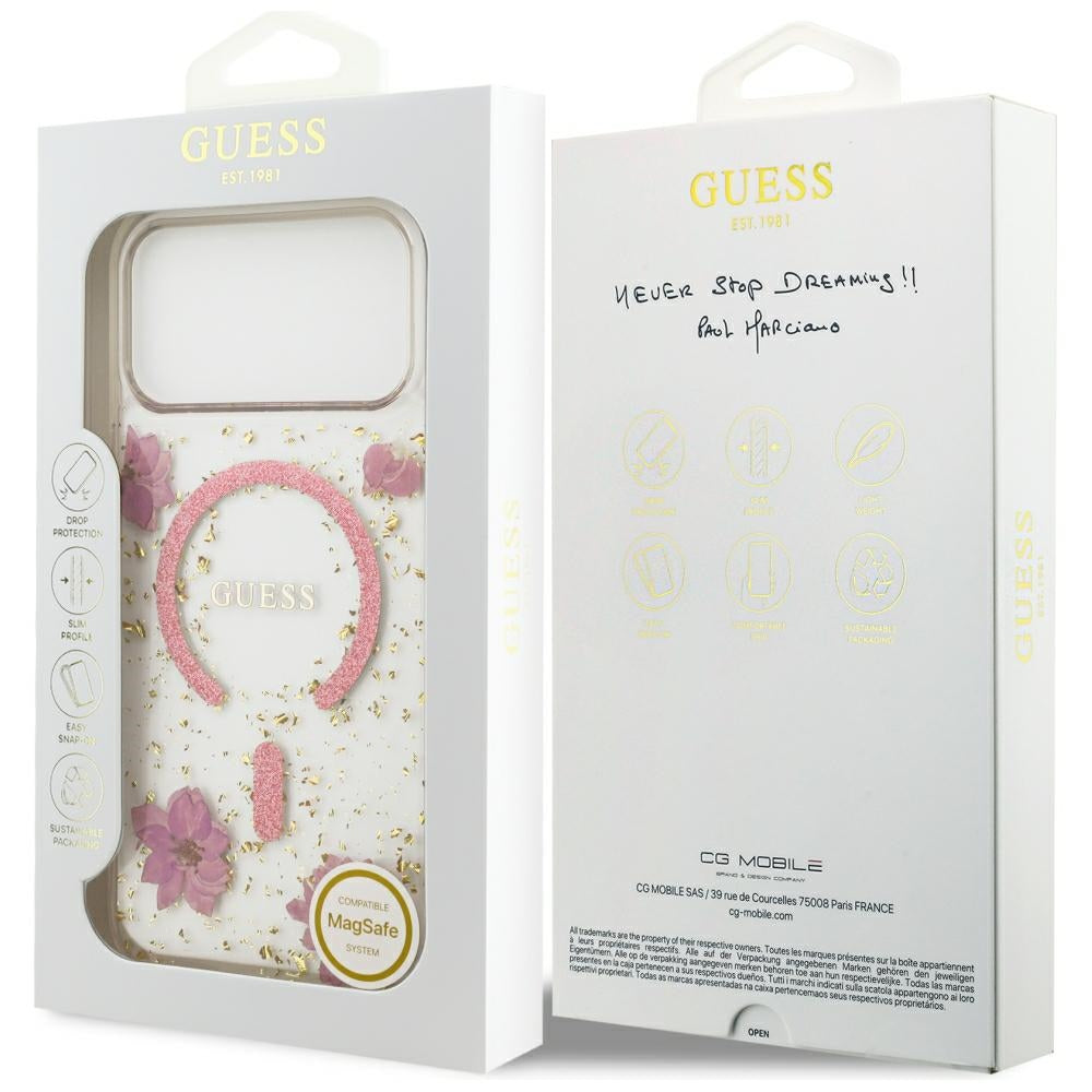 Funda MagSafe para Apple iPhone 18 Pro Max / 17 Pro Max, Guess, Resin Flowers and Glitter, rosa