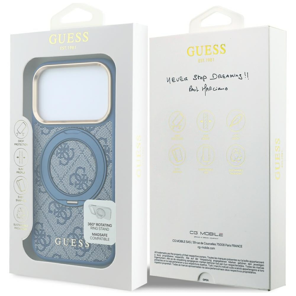 Funda MagSafe para Apple iPhone 18 Pro Max / 17 Pro Max, Guess, Soporte Anillo 360 4G Logo Clásico, Azul