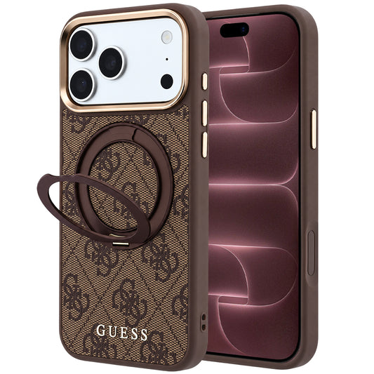 Funda MagSafe para Apple iPhone 18 Pro Max / 17 Pro Max, Guess, Soporte Anillo 360 4G Logo Clásico, Marrón