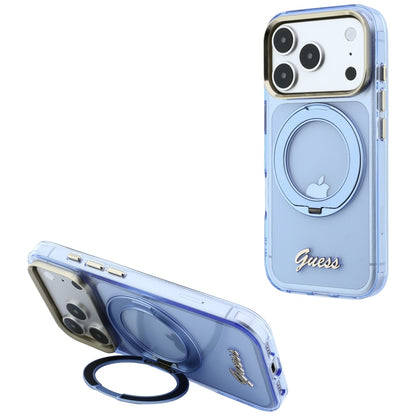Funda MagSafe para Apple iPhone 18 Pro Max / 17 Pro Max, Guess, Soporte Anillo Logo Metálico Script, Azul