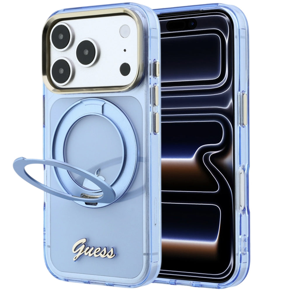 Funda MagSafe para Apple iPhone 18 Pro Max / 17 Pro Max, Guess, Soporte Anillo Logo Metálico Script, Azul