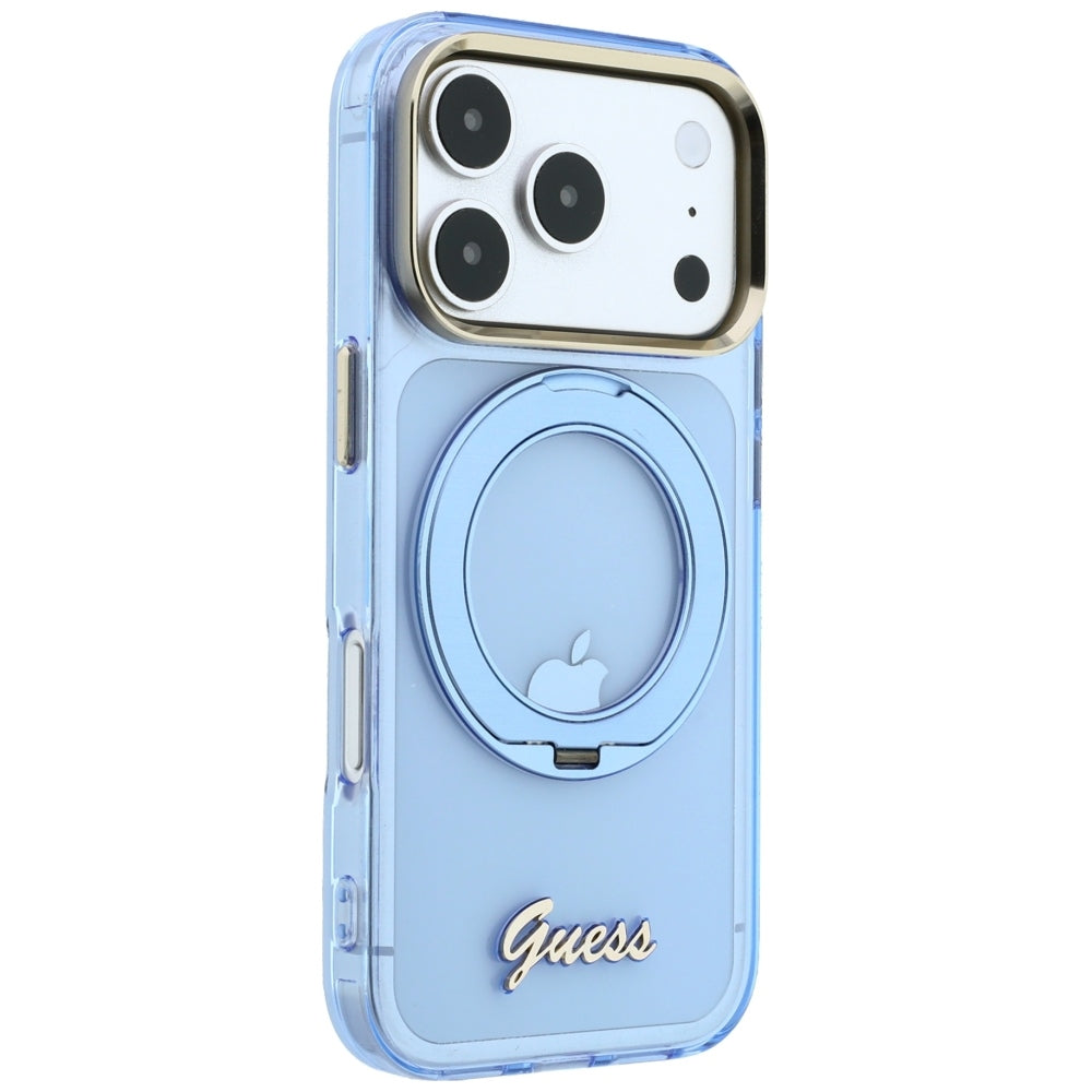 Funda MagSafe para Apple iPhone 18 Pro Max / 17 Pro Max, Guess, Soporte Anillo Logo Metálico Script, Azul