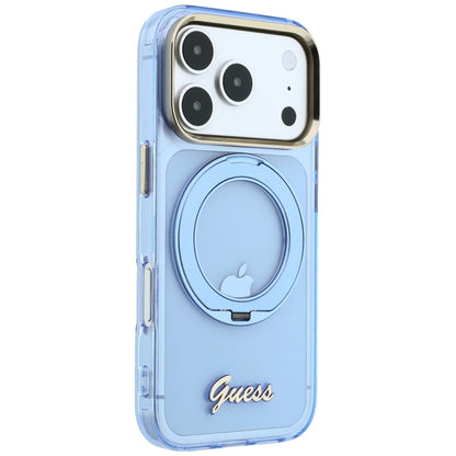Funda MagSafe para Apple iPhone 18 Pro Max / 17 Pro Max, Guess, Soporte Anillo Logo Metálico Script, Azul