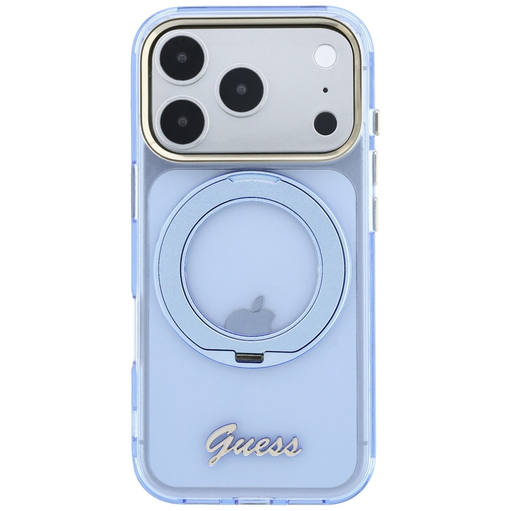 Funda MagSafe para Apple iPhone 18 Pro Max / 17 Pro Max, Guess, Soporte Anillo Logo Metálico Script, Azul