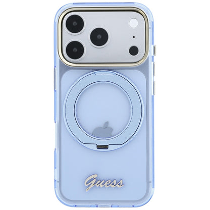 Funda MagSafe para Apple iPhone 18 Pro Max / 17 Pro Max, Guess, Soporte Anillo Logo Metálico Script, Azul