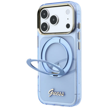 Funda MagSafe para Apple iPhone 18 Pro Max / 17 Pro Max, Guess, Soporte Anillo Logo Metálico Script, Azul