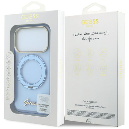Funda MagSafe para Apple iPhone 18 Pro Max / 17 Pro Max, Guess, Soporte Anillo Logo Metálico Script, Azul