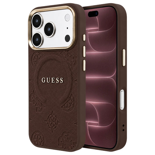 Funda MagSafe para Apple iPhone 18 Pro Max / 17 Pro Max, Guess, Saffiano Peony Ring, marrón