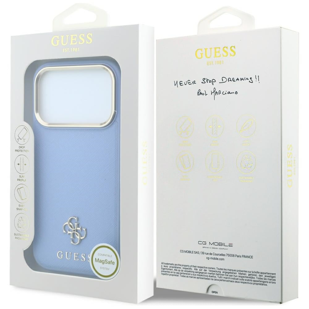 Funda MagSafe para Apple iPhone 18 Pro Max / 17 Pro Max, Guess, Saffiano Small 4G Classic, Azul
