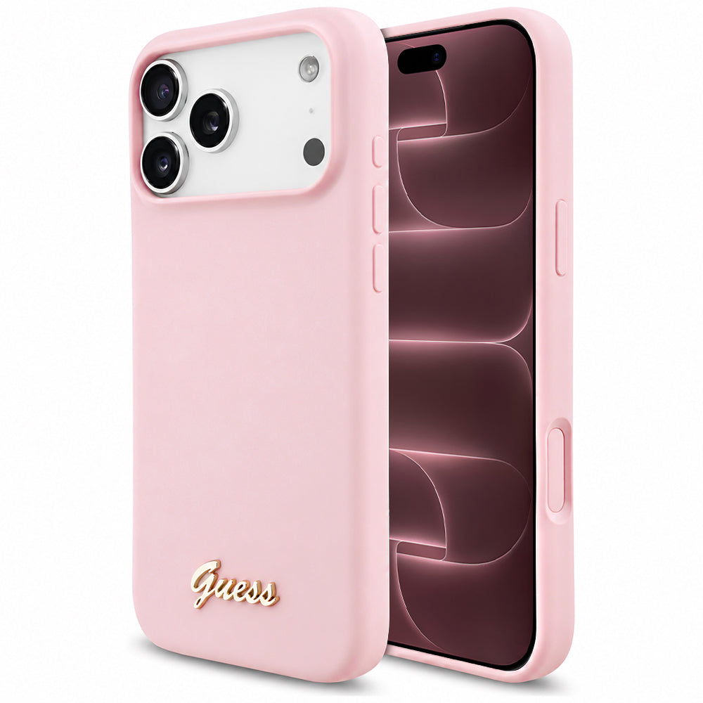 Funda MagSafe para Apple iPhone 18 Pro Max / 17 Pro Max, Guess, Logo Metálico Script, Rosa