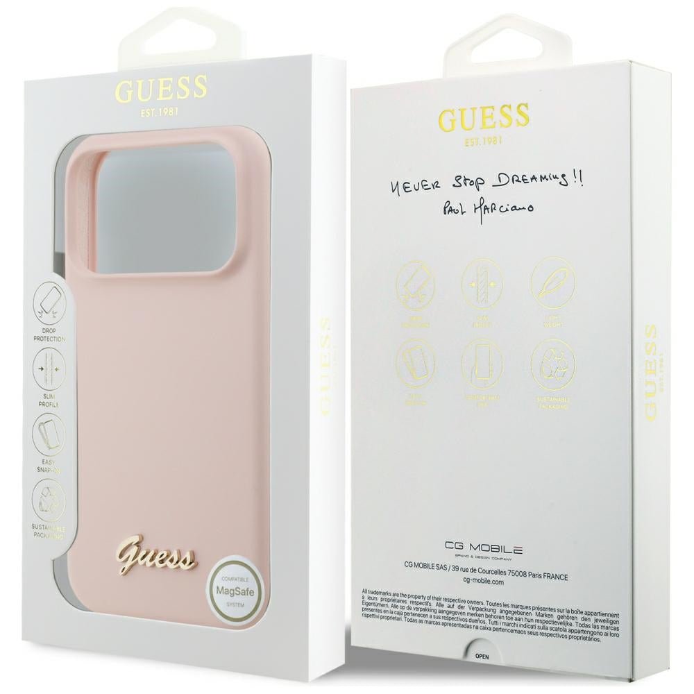 Funda MagSafe para Apple iPhone 18 Pro Max / 17 Pro Max, Guess, Logo Metálico Script, Rosa