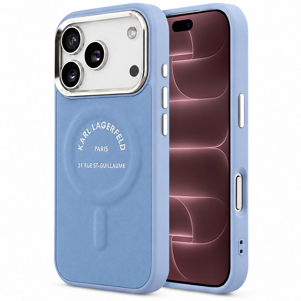 Funda MagSafe para Apple iPhone 18 Pro Max / 17 Pro Max, Karl Lagerfeld, Embossed Open Ring RSG Logo, azul